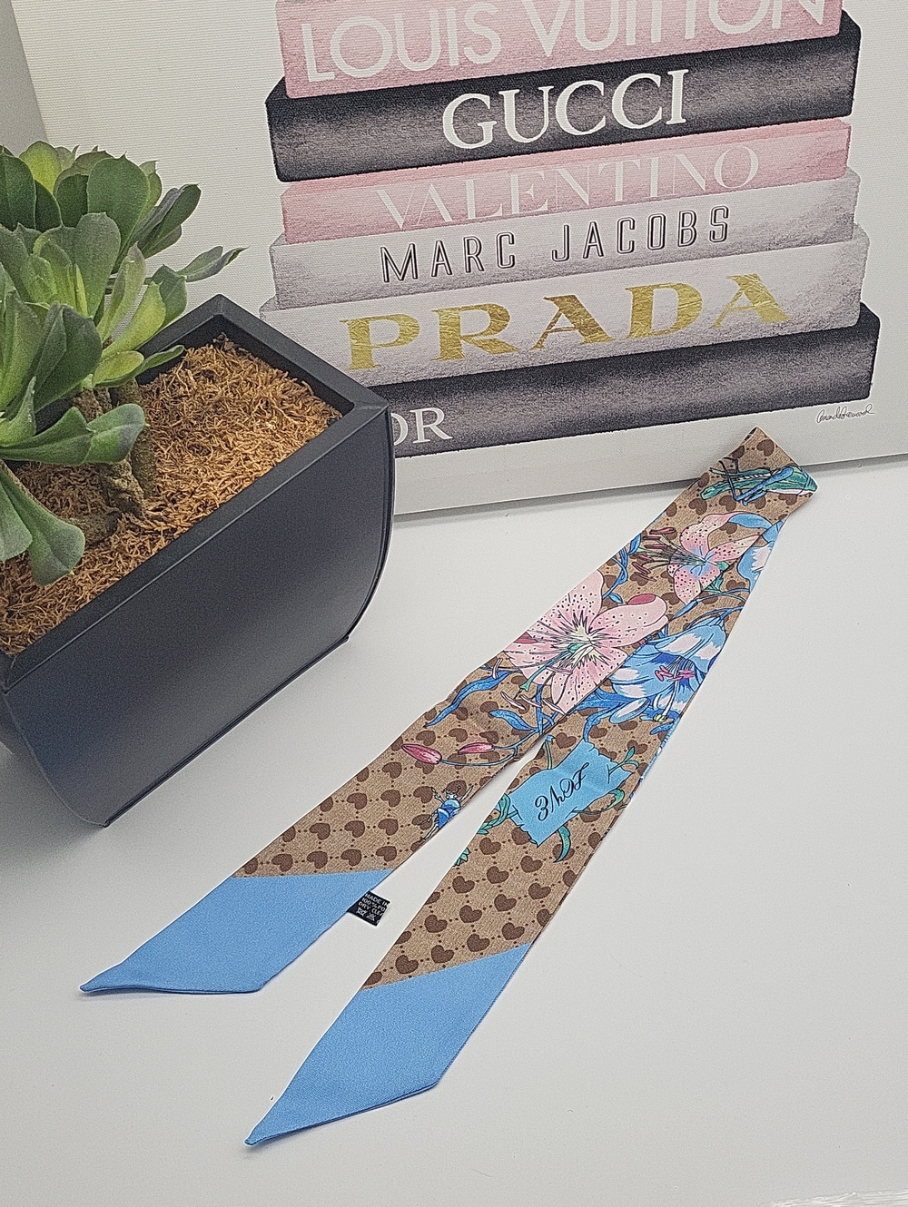 Twilly, Floral & Monogram Skinny Scarf - Blue/Brown